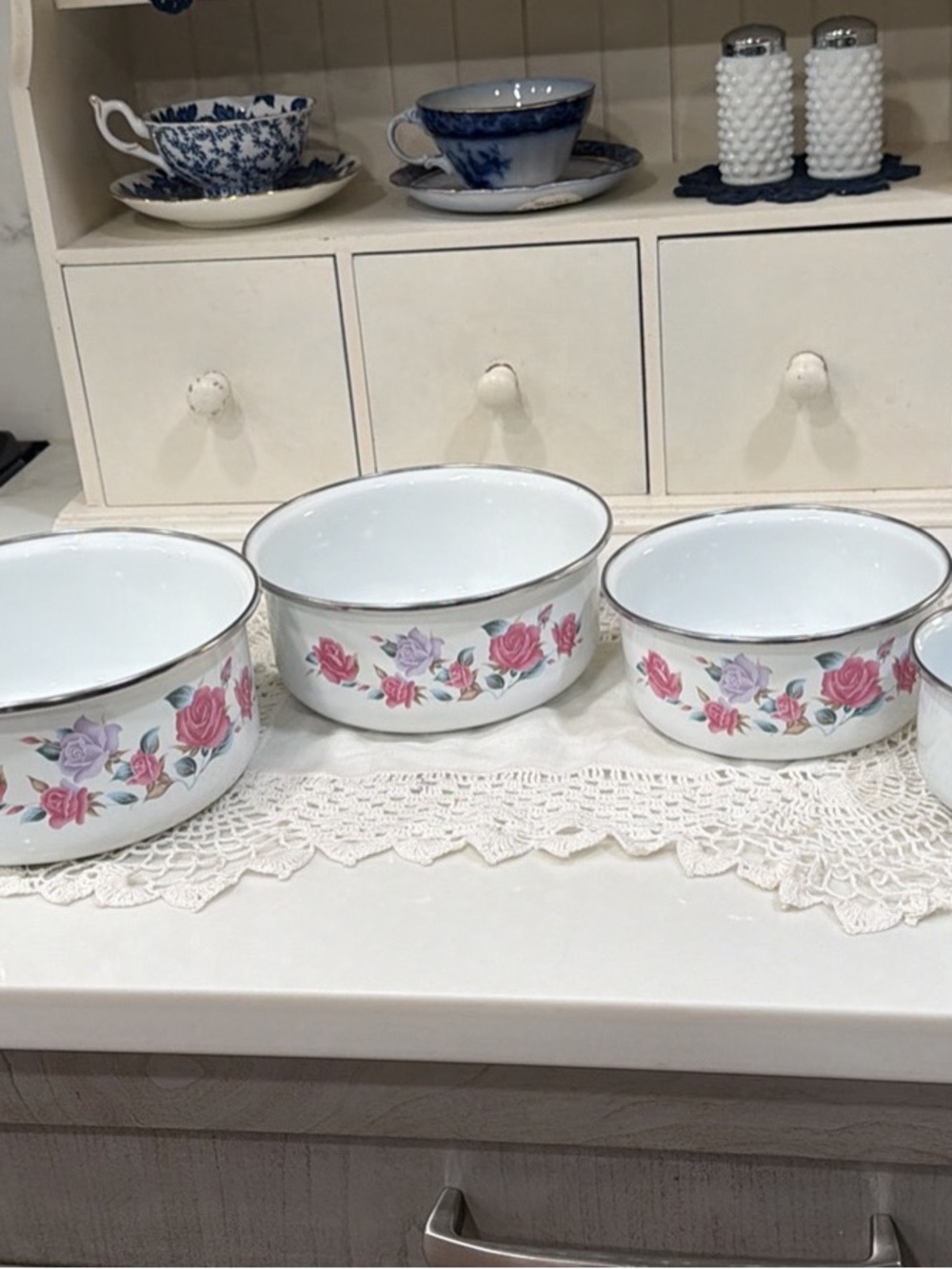 Vintage Floral Enamel Bowls - White with Pink & Lavender Roses